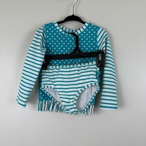 Ruffle Butts Blue White Stripe Polkadot Ruffled Rash Guard Bikini Girls Size 3T